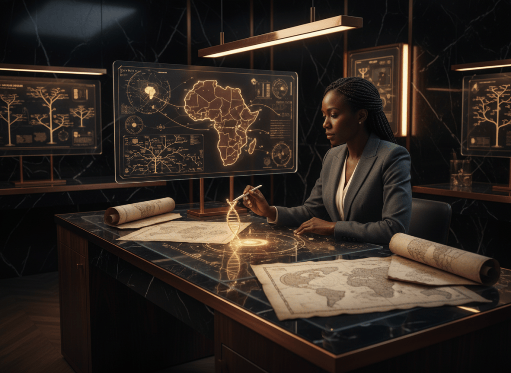 A Black researcher studying human ancestry and genetics with Africa represented through maps and scientific data.