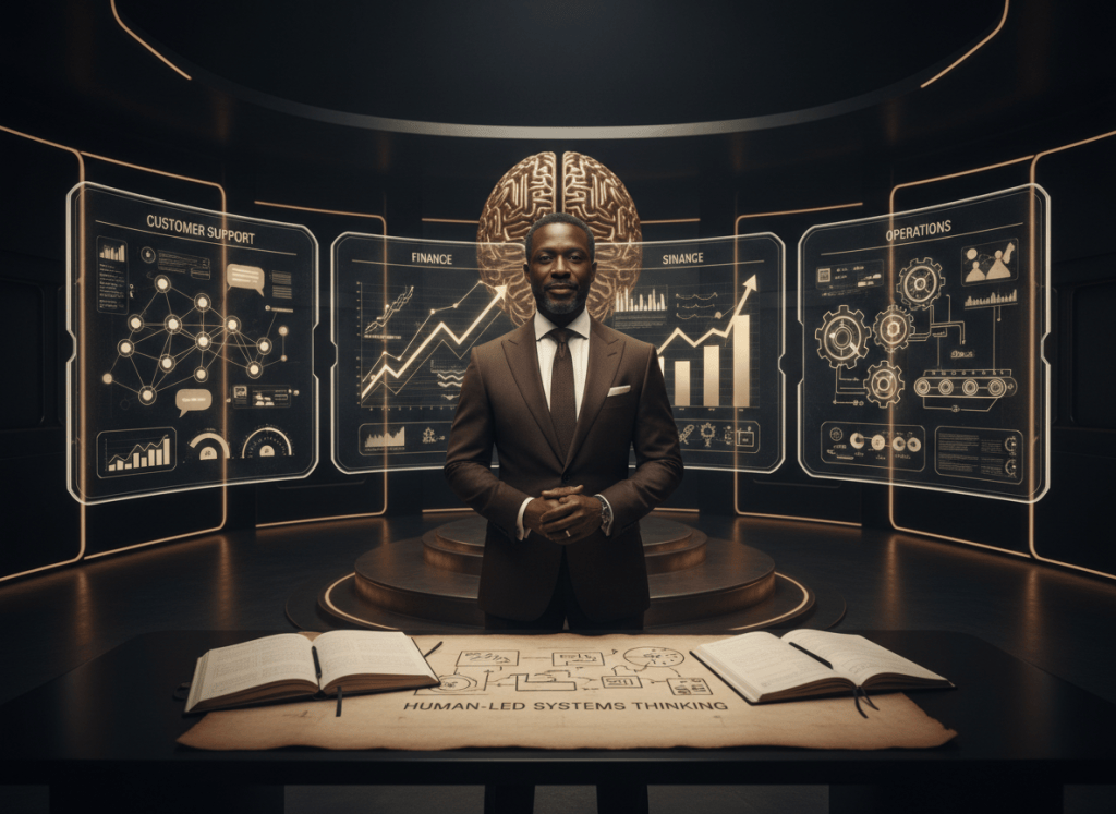 A Black business owner overseeing automated AI workflows on a modern digital operations dashboard.