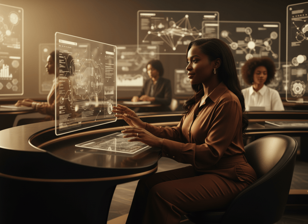 A Black entrepreneur working with AI tools in a refined dark editorial environment with warm gold accents.