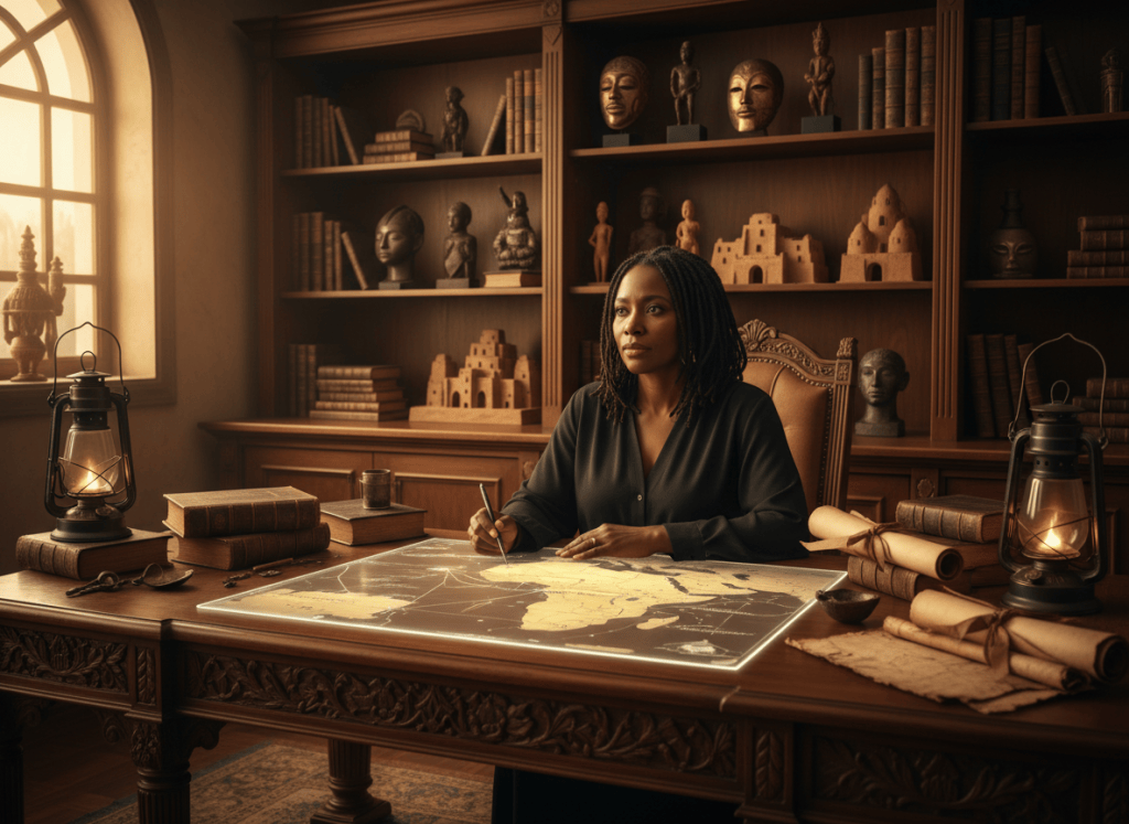 A Black researcher engaging with maps, architecture, manuscripts and trade routes from diverse precolonial African civilizations.