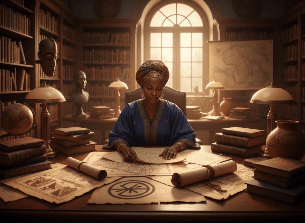 A Black scholar studying African historical maps, manuscripts and archival materials in a warm editorial setting.