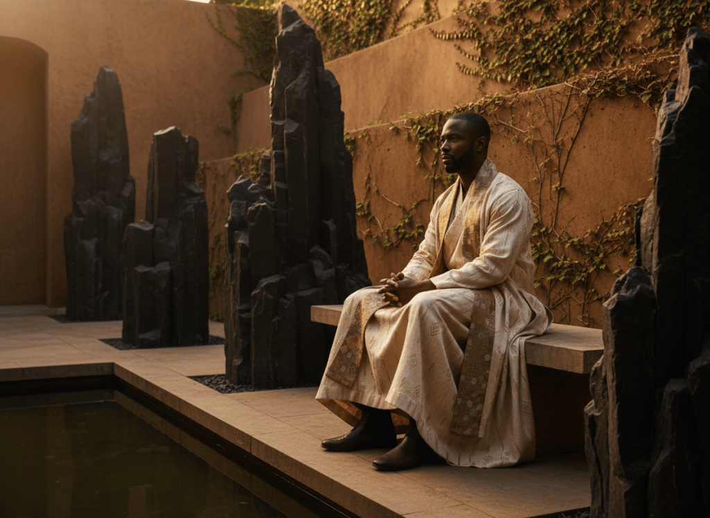 A composed Black man in reflective calm, framed in warm natural light with a grounded editorial mood.