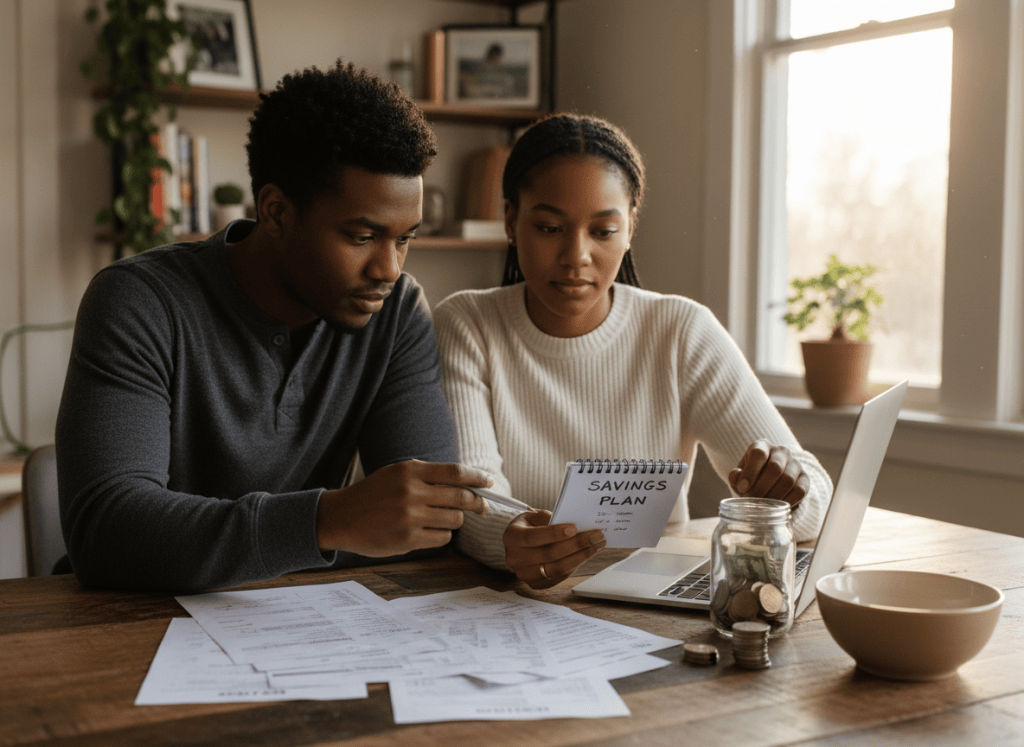 Black couple planning household expenses and emergency savings together
