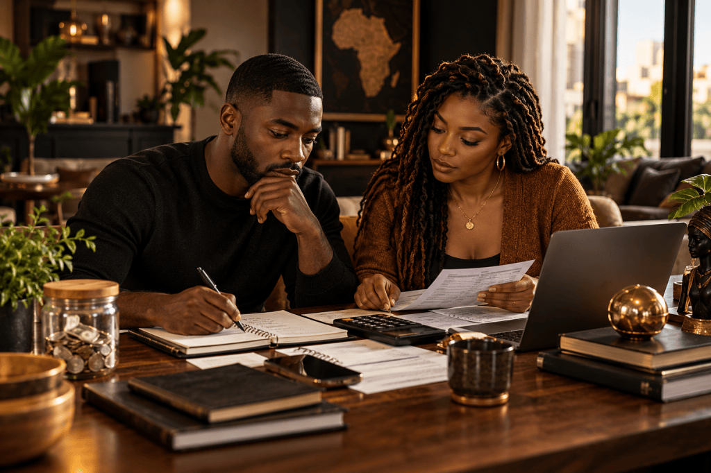 Black couple reviewing their household finances together at a table