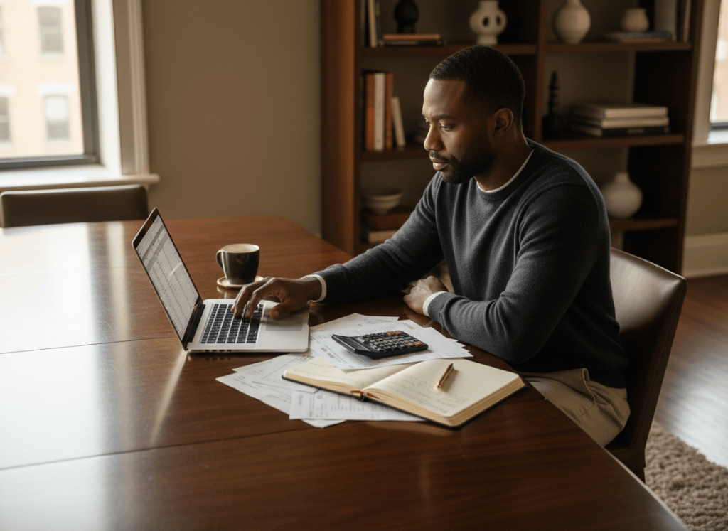 Black man reviewing household finances at a table