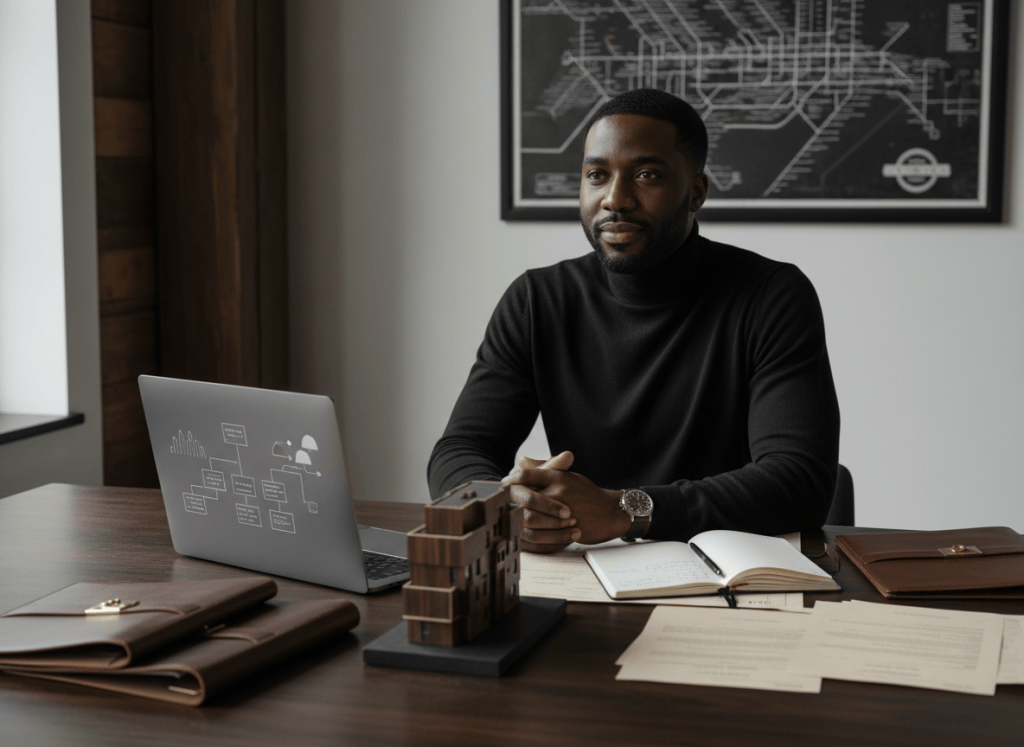 Black entrepreneur planning business and long-term ownership at a worktable