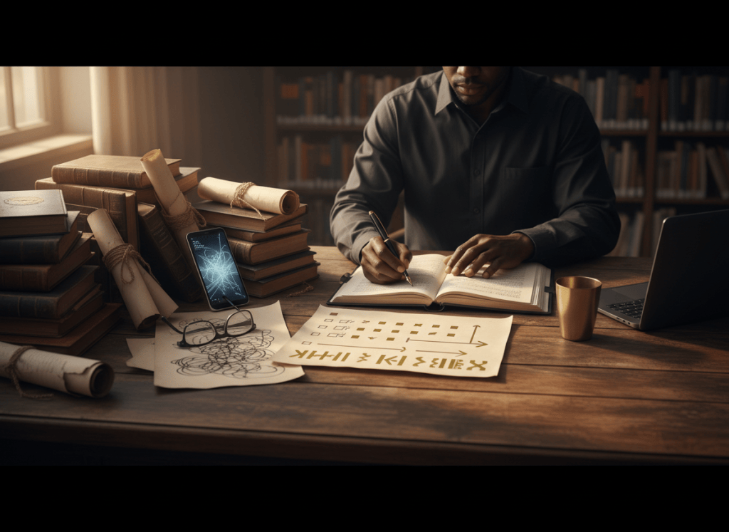 A Black adult surrounded by books and notes while deliberately turning knowledge into a written action plan.