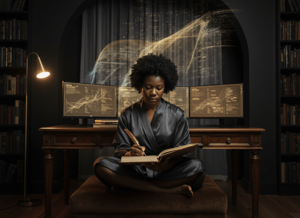 A Black adult reflecting on identity while surrounded by subtle digital information streams and a journal.