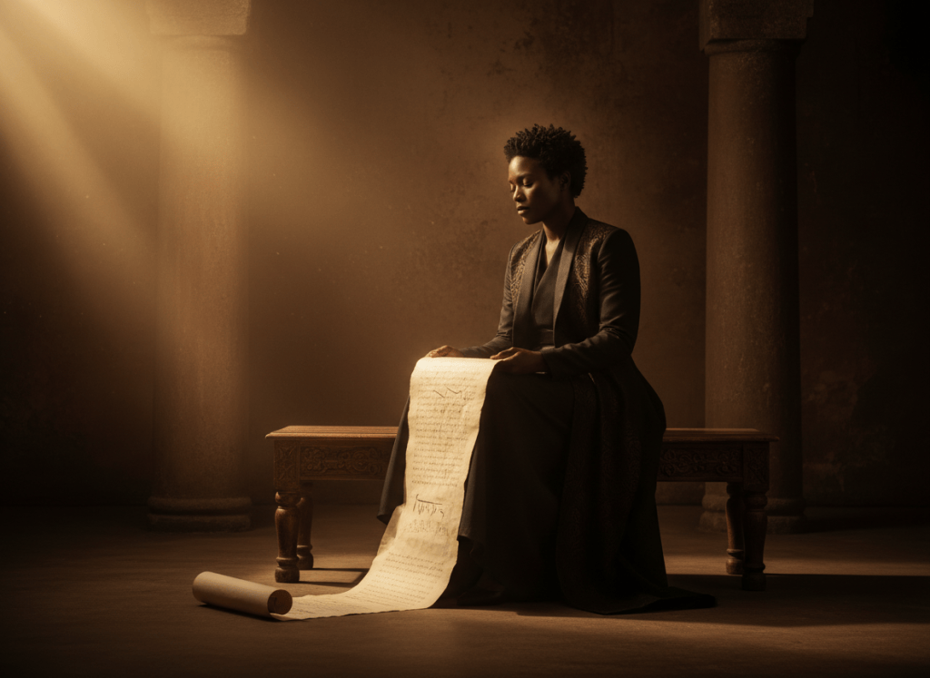 A Black adult releasing an old emotional burden in a quiet reflective setting with warm light opening ahead.