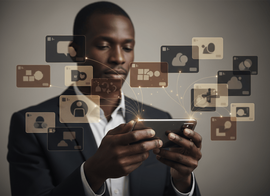A Black adult using a smartphone surrounded by abstract content pathways representing algorithmic recommendations.