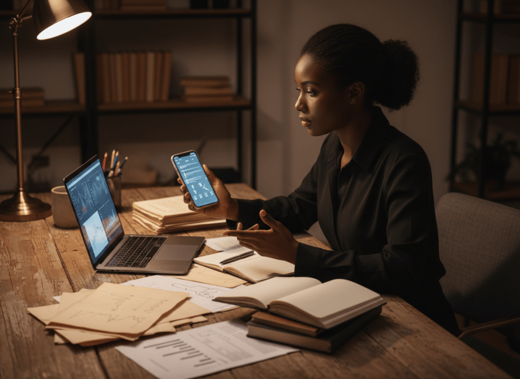 A Black researcher cross-checking information across a phone, documents, notebook and laptop.