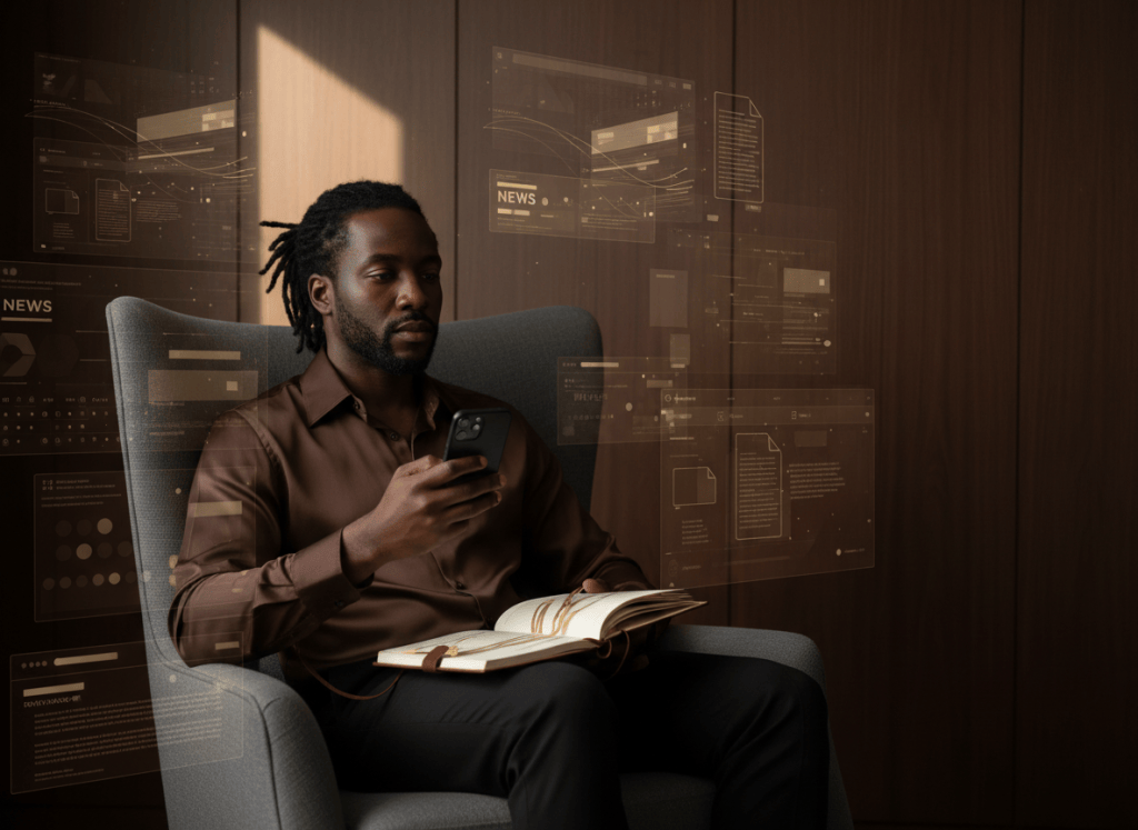 A thoughtful Black adult reviewing digital information and notes in a refined dark editorial setting.