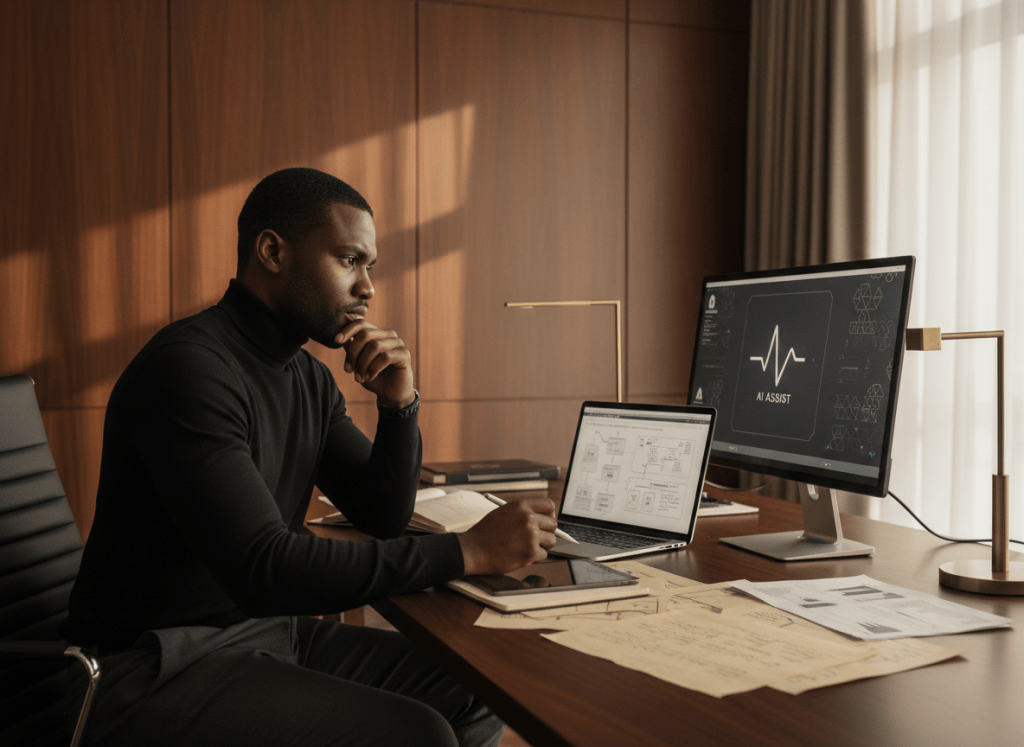 Black professional using AI tools while working at a desk
