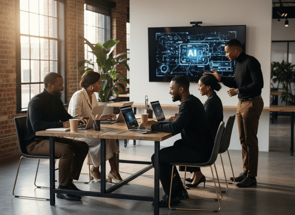 Black professionals and entrepreneurs learning AI tools in a modern workspace