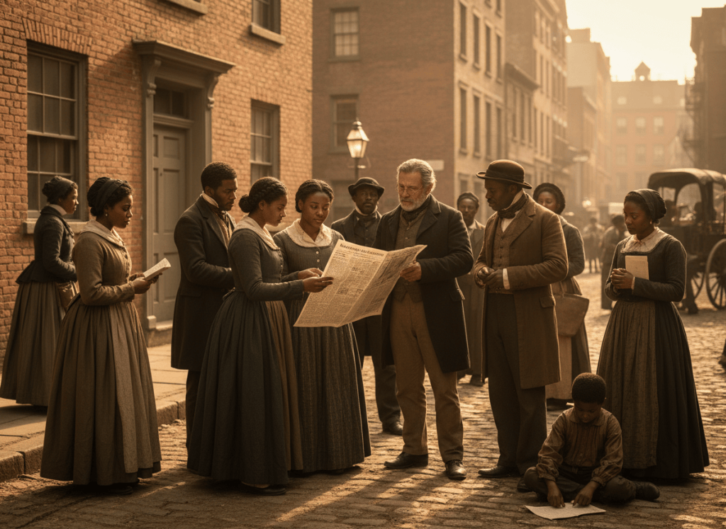 A historically inspired group of free Black New Yorkers gathered around a newspaper in the early nineteenth century.