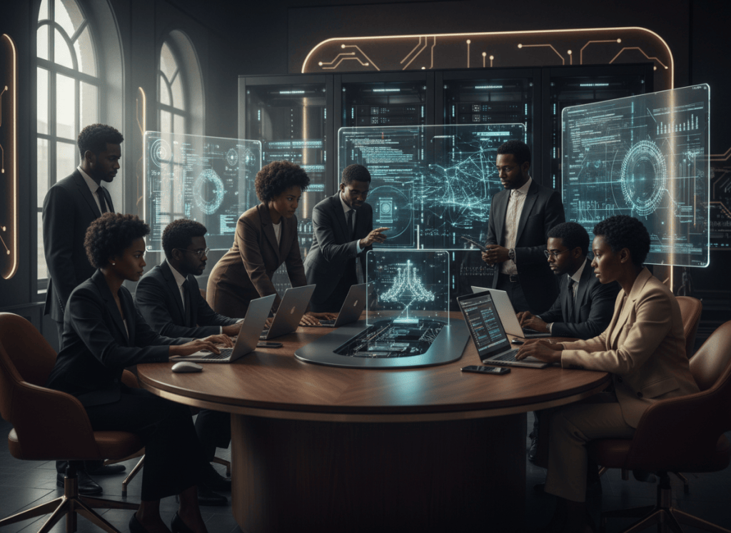 Black technologists working together with advanced digital tools