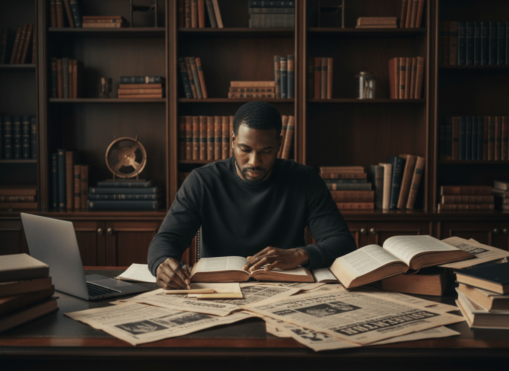 A contemporary Black man studying archival Black press materials and history books at a desk.