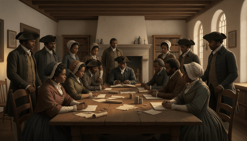 Historically inspired Black Philadelphians discussing a mutual aid ledger in 1787.