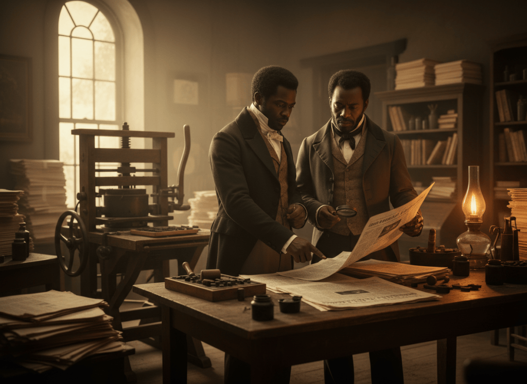A historically inspired 1827 New York printing room with Black newspaper editors reviewing pages beside a hand-operated press.
