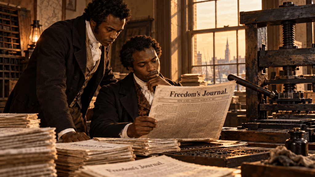 Two Black newspaper editors in an 1827-inspired print shop reviewing Freedom’s Journal beside a printing press.