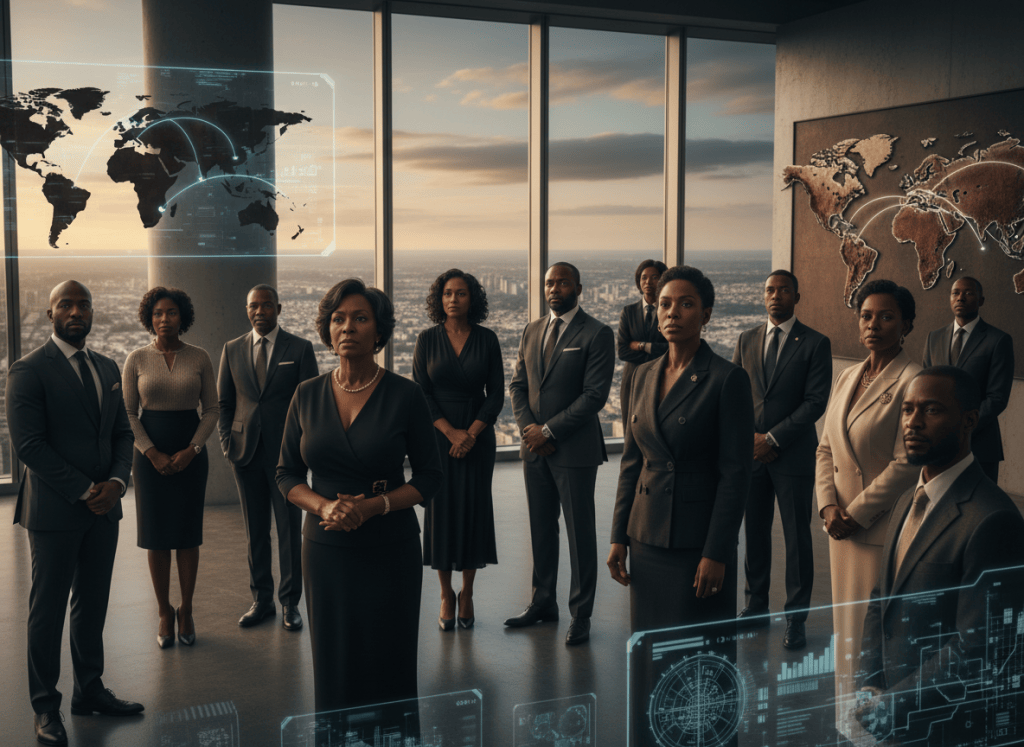 Black adults from across the African diaspora gathered in a modern global setting